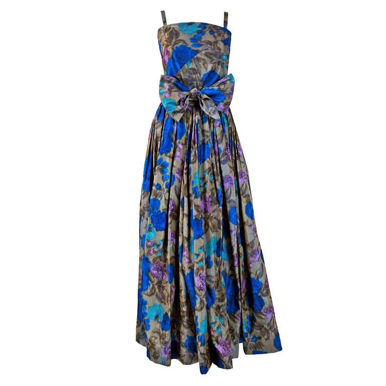 1950's Vera Maxwell Watercolor Floral Silk Taffeta Evening Gown and ...