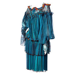 1970's Zandra Rhodes Turquoise-Blue Beaded Hand-Painted Silk Dress