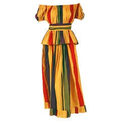 Vintage 1970's Christian Dior Striped-Cotton Bohemian Off-Shoulder Dress Ensemble