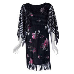 1970's Holly's Harp Fringed Black & Pink Roses Floral Rayon Angel-Sleeve Dress 12