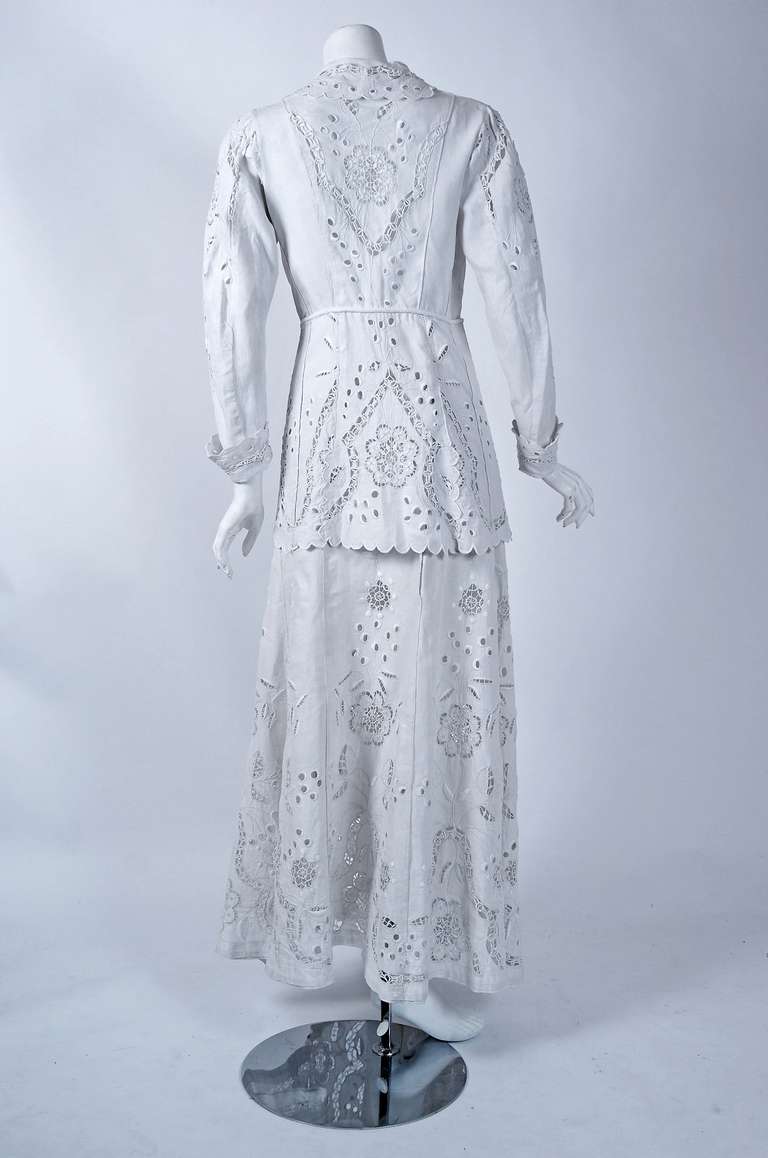 Women's 1910's Edwardian Crisp-White Embroidered Linen Needle-Lace Jacket & Skirt