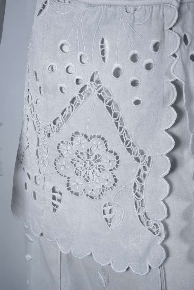 Gray 1910's Edwardian Crisp-White Embroidered Linen Needle-Lace Jacket & Skirt