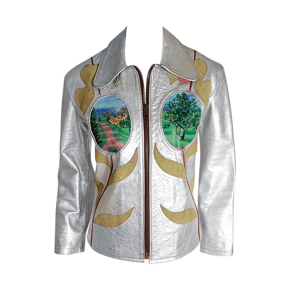 1970's East West Musical Instruments Handpainted Applique Silver Leather Jacket
