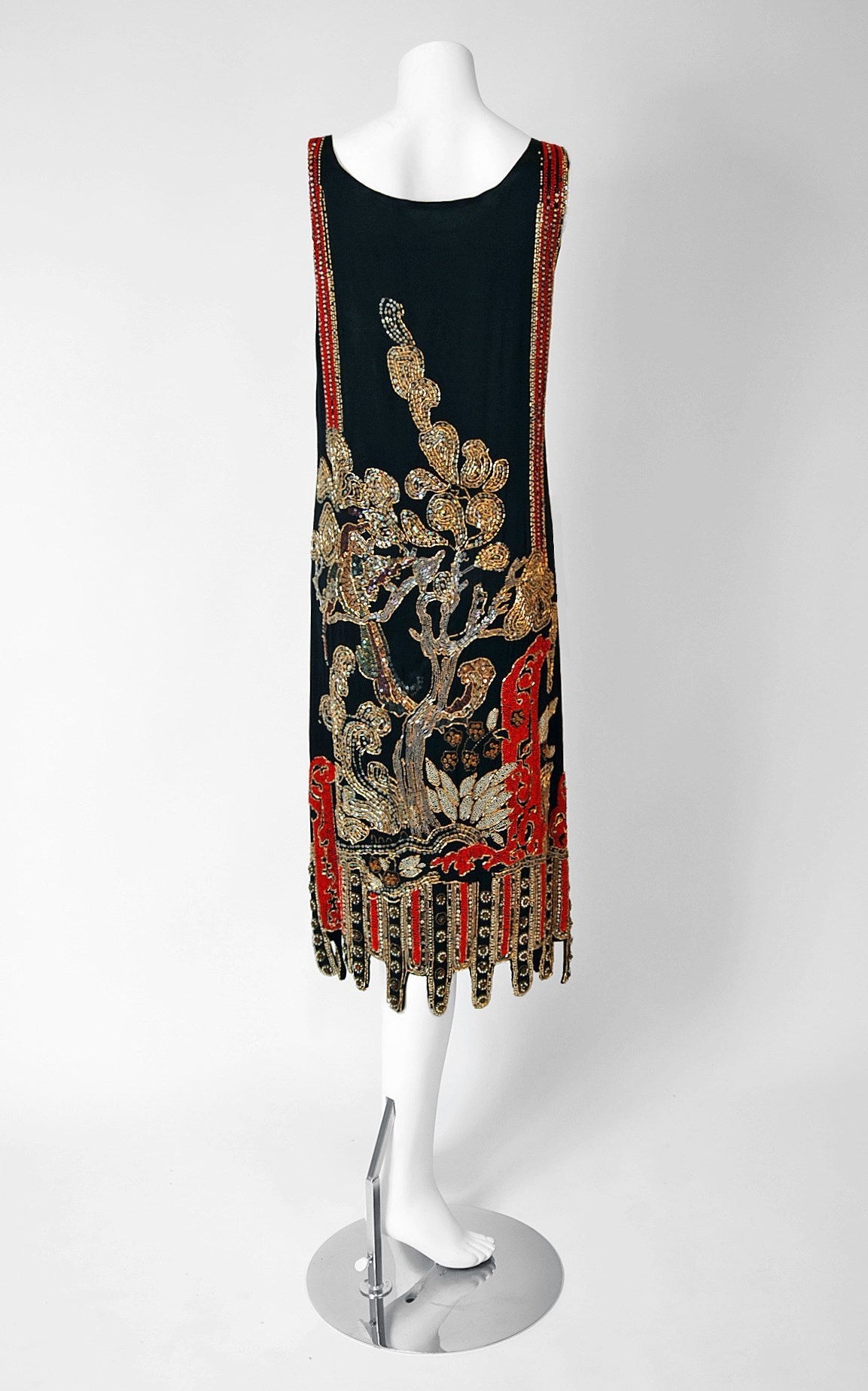 Women's 1920's Asian-Garden Scenic Beaded Sequin Deco Silk Flapper Fringe Couture Dress