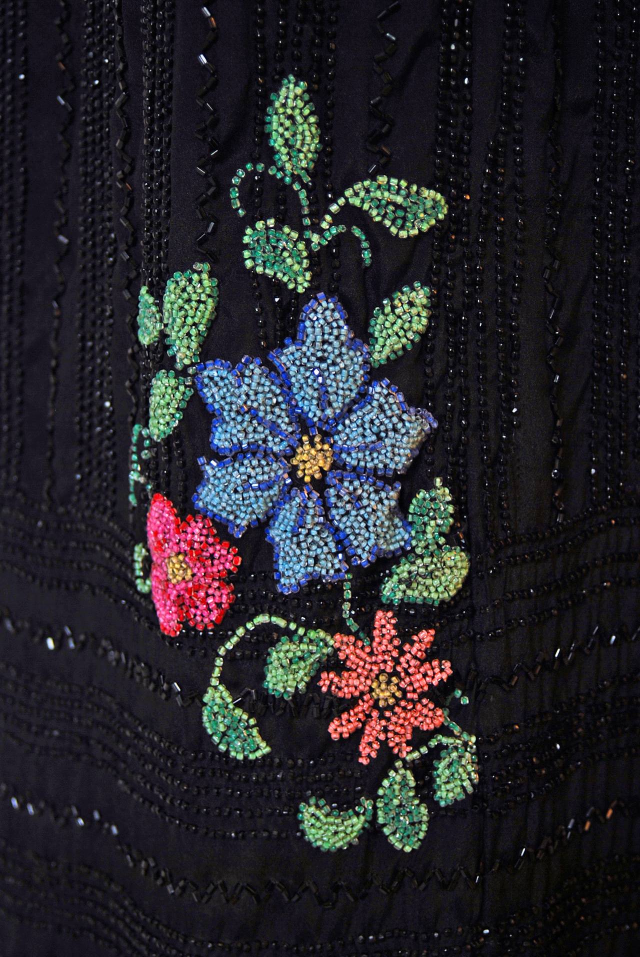 1920's French Couture Beaded Floral Black Silk Tie-Collar Deco Flapper Dress In Excellent Condition In Beverly Hills, CA