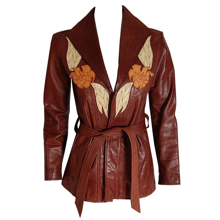 1970's East West Musical Instruments Applique Leather Belted Trench Coat Jacket