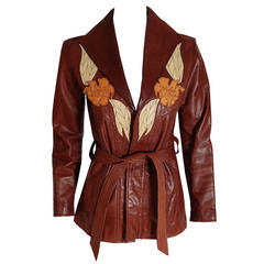 Vintage 1970's East West Musical Instruments Applique Leather Belted Trench Coat Jacket