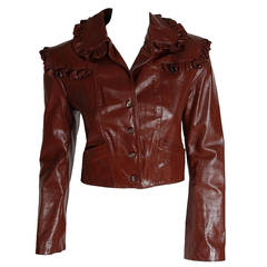 Vintage 1970's Chocolate-Brown Leather Ruffle Cropped Fitted Motorcyle Biker Jacket