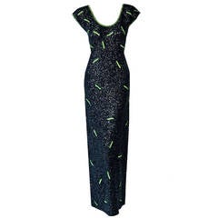 Retro 1950's Gene Shelly Beaded Sequin Black & Green Wool Knit Hourglass Evening Gown