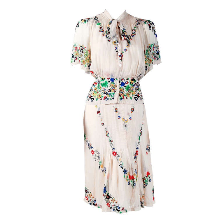 1930's Madeleine Vionnet Adaptation Floral Print Silk-Chiffon Dress Ensemble