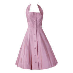 1950's Jean Desses Mauve-Pink Cotton Halter Bow-Trimmed Full Dress