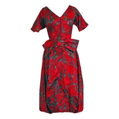 1950's Irene Lentz Watercolor Red-Roses Floral Print Silk Bubble Party Dress