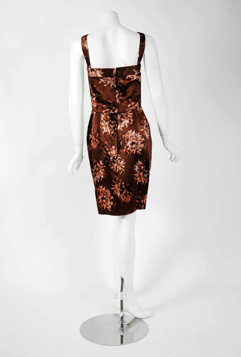 1956 Christain Dior Original Mocha-Brown Floral Satin Cocktail Dress & Coat 2