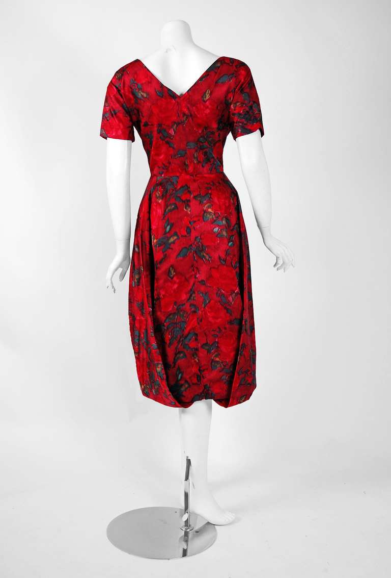 Women's 1950's Irene Lentz Watercolor Red-Roses Floral Print Silk Bubble Party Dress