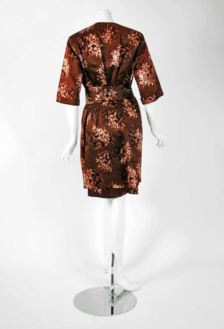 1956 Christain Dior Original Mocha-Brown Floral Satin Cocktail Dress & Coat 1
