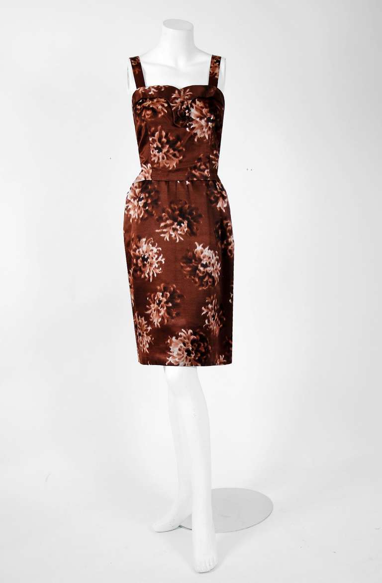 1956 Christain Dior Original Mocha-Brown Floral Satin Cocktail Dress & Coat In Excellent Condition In Beverly Hills, CA