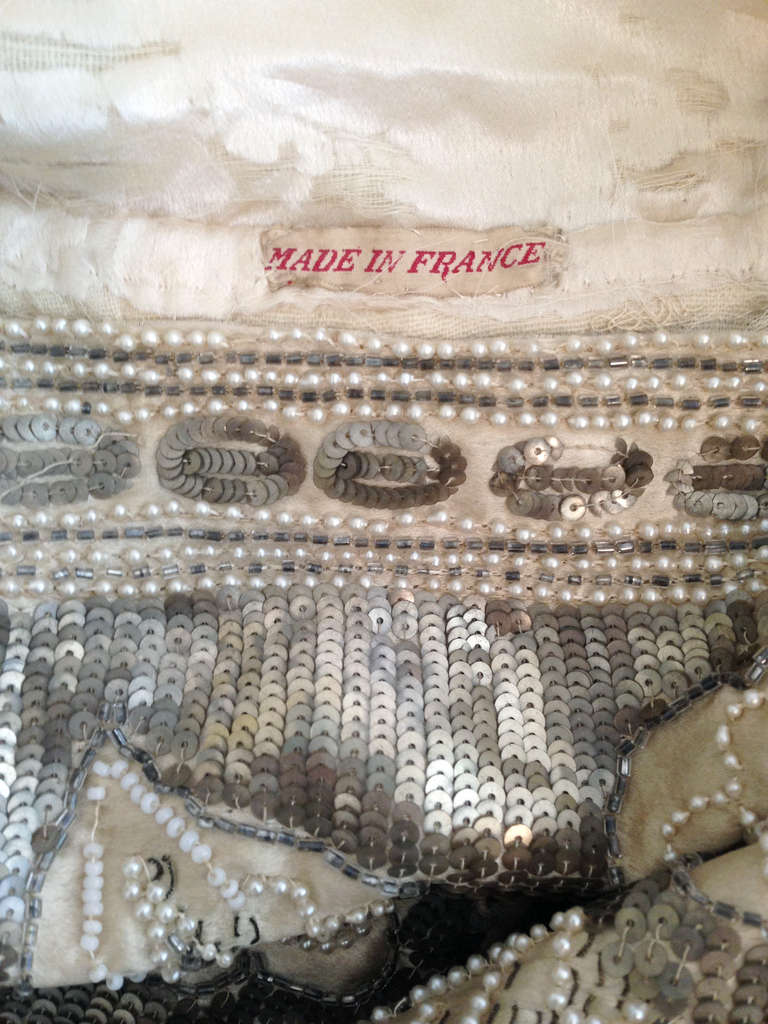 1920's French Couture Silver & Ivory Beaded Sequin Satin Deco Flapper Coat 3