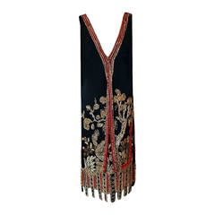 Antique 1920's Asian-Garden Scenic Beaded Sequin Deco Silk Flapper Fringe Couture Dress