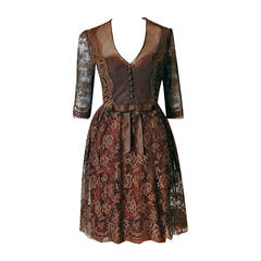 1955 Maggy Rouff Haute-Couture Brown Sheer Illusion Chantilly-Lace Party Dress 1