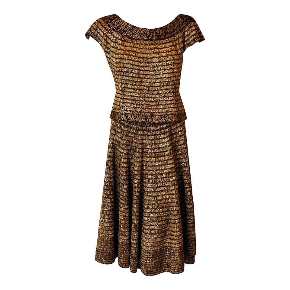 1940's Austrian Metallic-Gold Threaded Brown Wool-Knit Swing Dress Ensemble