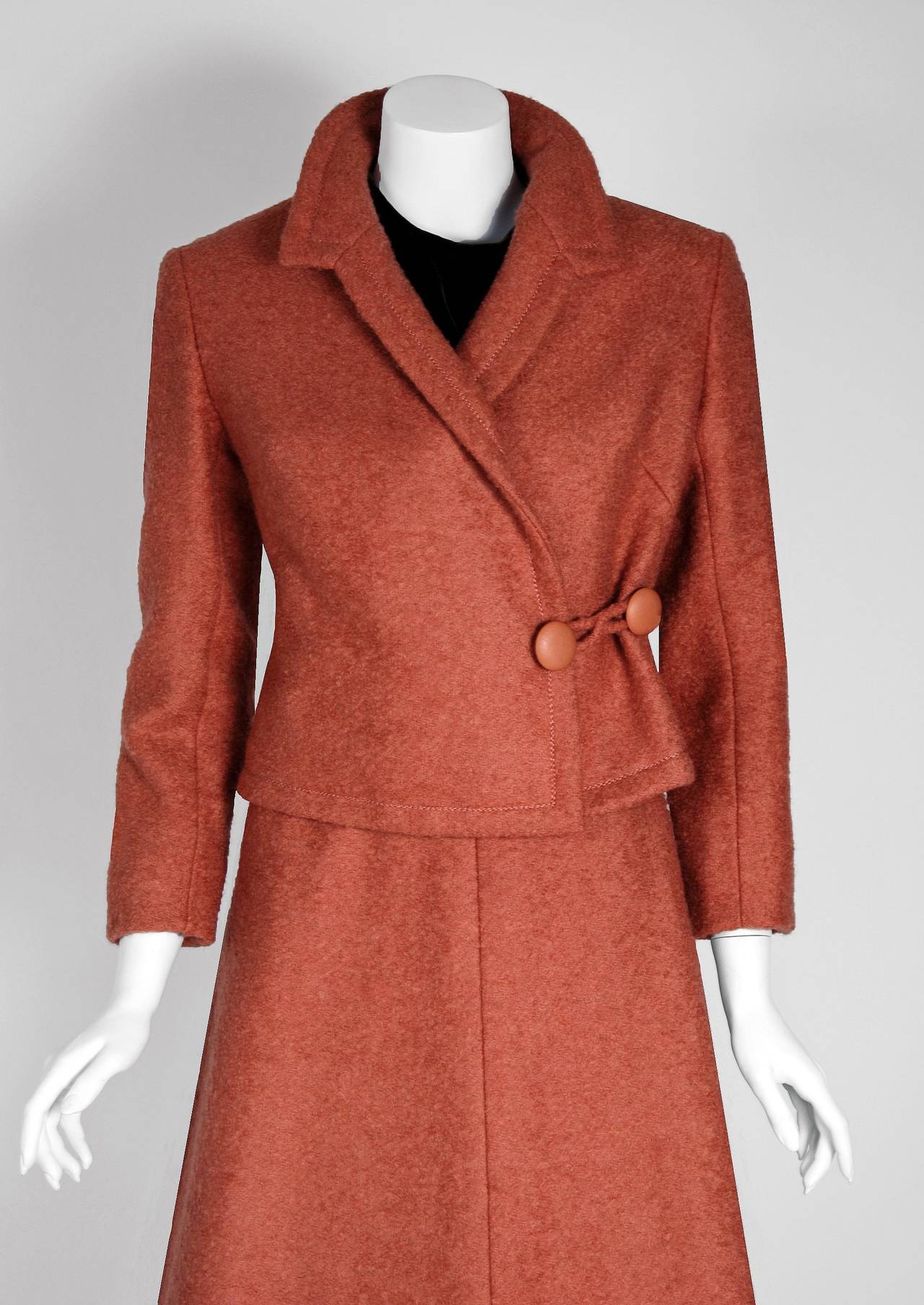 Pink 1960 Christian Dior Demi-Couture Documented Apricot Wool Belted Dress Ensemble