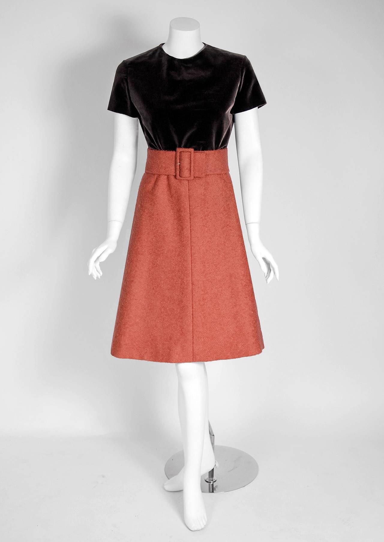 Women's 1960 Christian Dior Demi-Couture Documented Apricot Wool Belted Dress Ensemble