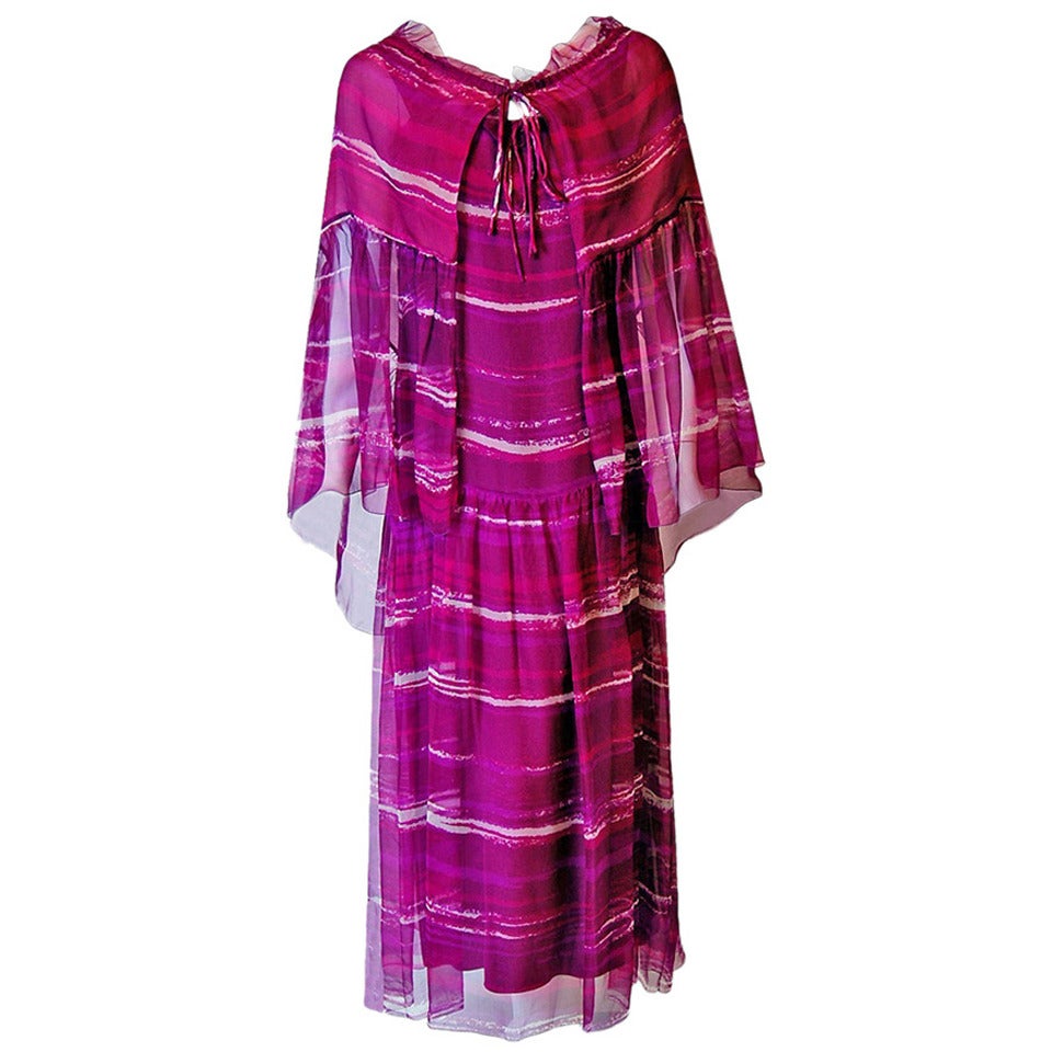 1977 Christian Dior Haute-Couture Purple Abstract-Print Chiffon Dress & Cape