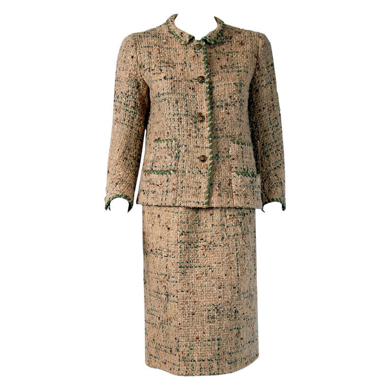 1958 Chanel Haute-Couture Oatmeal Green Wool Tweed Skirt and Jacket ...