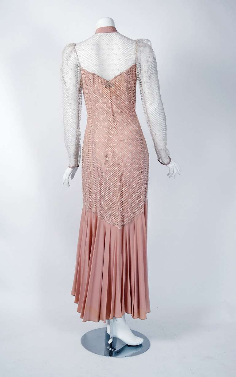 1972 Alice Pollock Blush-Pink Rayon & Illusion Lace Bias-Cut Mermaid Dress In Excellent Condition In Beverly Hills, CA