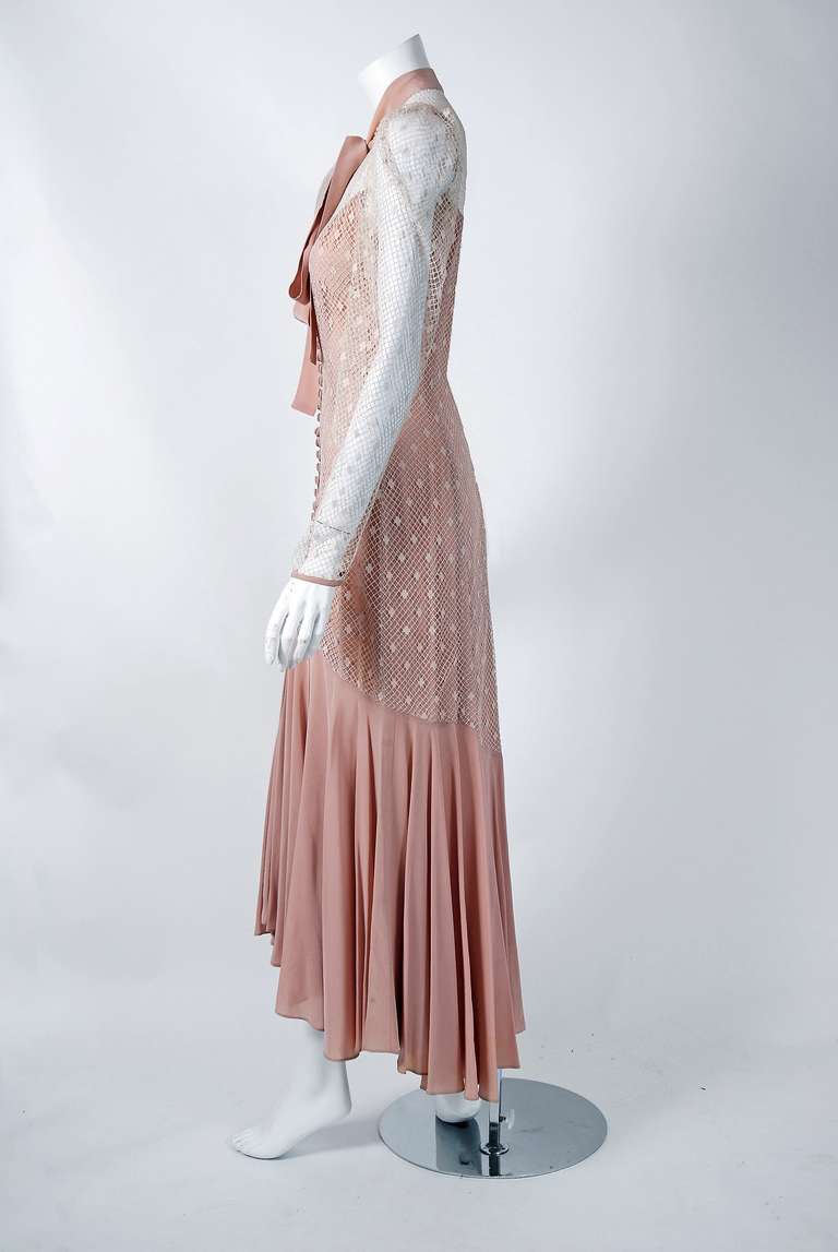 Brown 1972 Alice Pollock Blush-Pink Rayon & Illusion Lace Bias-Cut Mermaid Dress