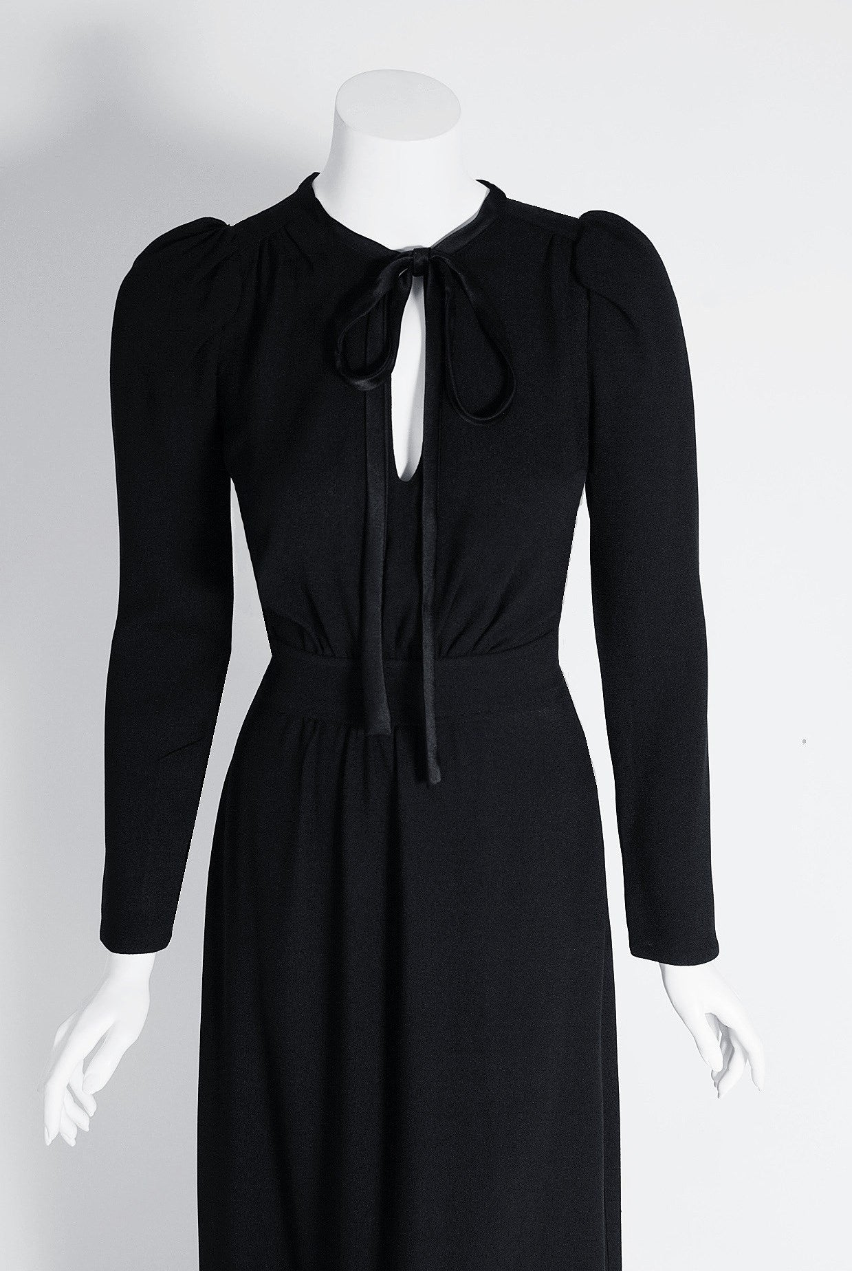 1970's Ossie Clark for Radley Black Moss Crepe Plunge Cut-Out Maxi Gown Dress