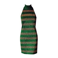 Vintage 1990's Gianni Versace Couture Green & Gold Stripe Metallic Lurex Mini Dress