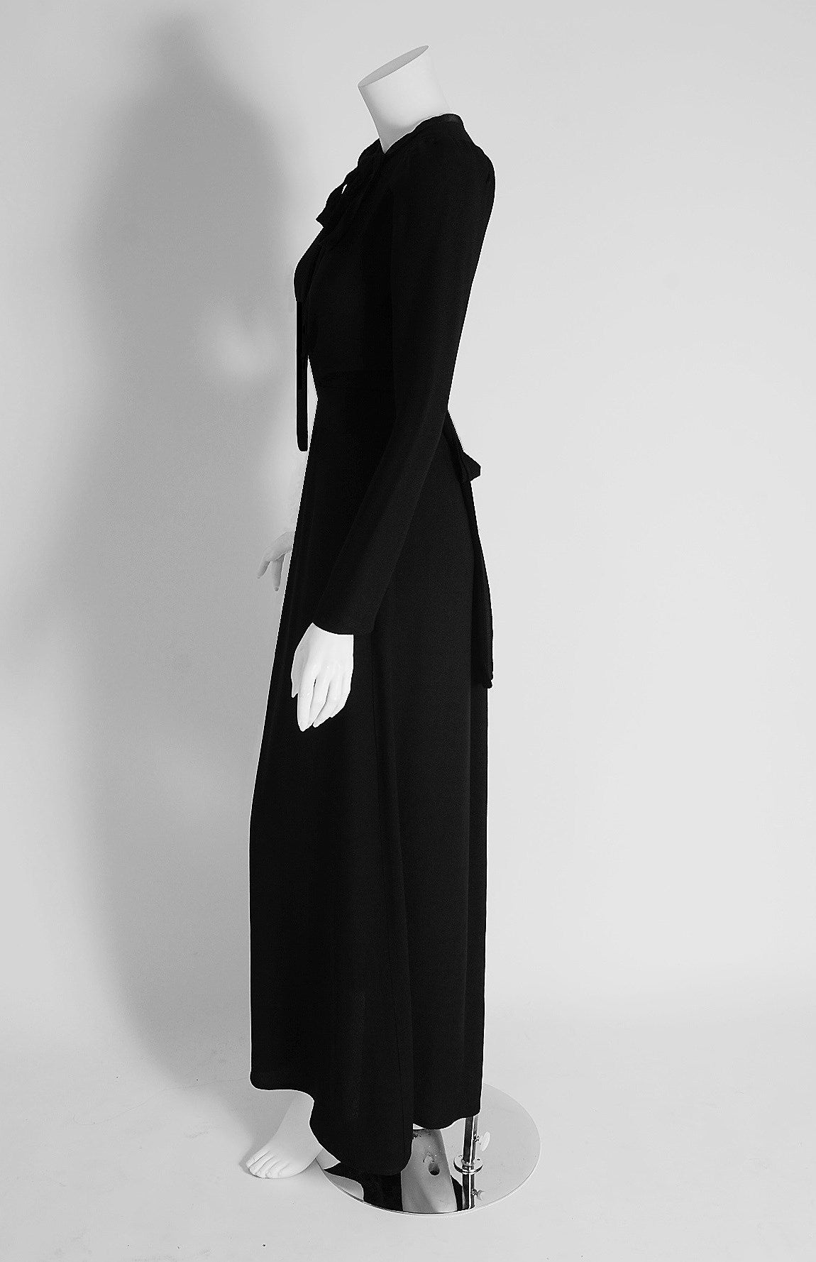 1970's Ossie Clark for Radley Black Moss Crepe Plunge Cut-Out Maxi Gown Dress In Excellent Condition In Beverly Hills, CA