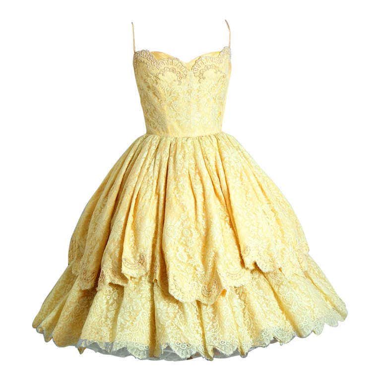 1950's Lemon-Yellow Beaded Floral-Lace Tiered Full Scalloped Party ...