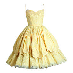 1950's Lemon-Yellow Beaded Floral-Lace Tiered Full Scalloped Party Dress