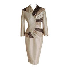 Vintage 1950's Lilli-Ann Ombre Champagne Silk Pleated-Swirls Hourglass Cocktail Suit