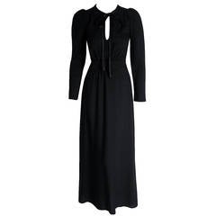 1970's Ossie Clark for Radley Black Moss Crepe Plunge Cut-Out Maxi Gown Dress