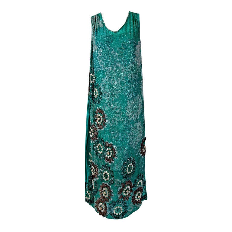 1920's Teal-Blue Beaded Silk-Chiffon and Metallic-Gold Lace Deco ...