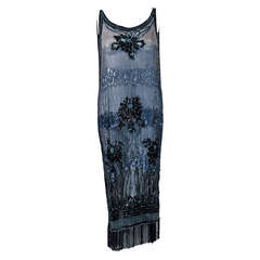 1920's French Black & Blue Beaded Sequin Deco Net-Tulle Fringe Flapper Dress