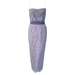 1950's Ceil Chapman Periwinkle Beaded Rhinestone Lace Cocktail Wiggle Dress 5