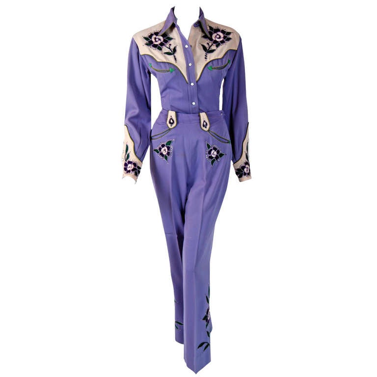 1940's Fay Ward Western Lilac Rhinestone Embroidered Gabardine Rodeo Suit