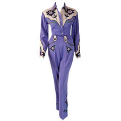 costume de rodéo Fay Ward Western Lilas brodé de pierres de Rhin Gabardine des années 1940