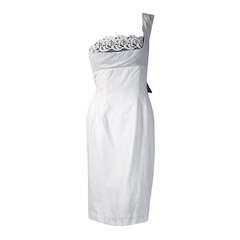 1950's White Gingham Linen One-Shoulder Asymmetric Shelf-Bust Sun Dress