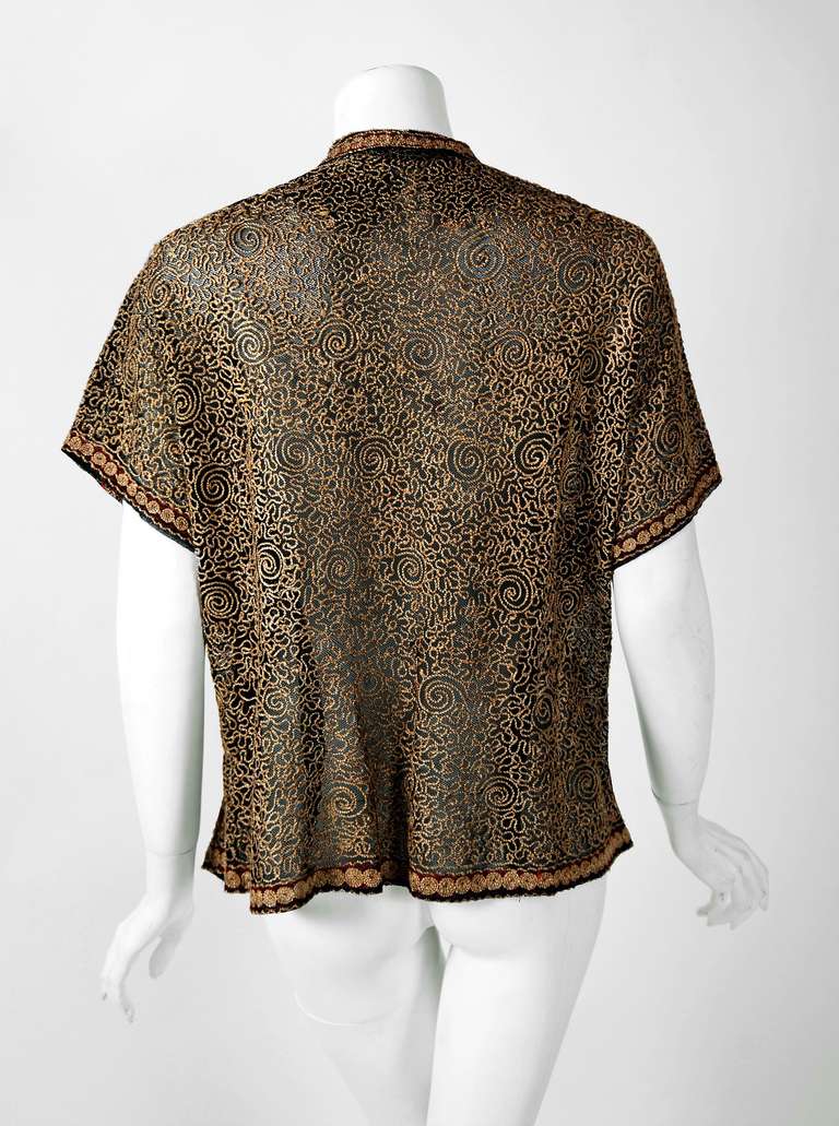 1920's Metallic Embroidered Art Deco Swirl Motif Net-Tulle Bohemian Blouse In Excellent Condition In Beverly Hills, CA