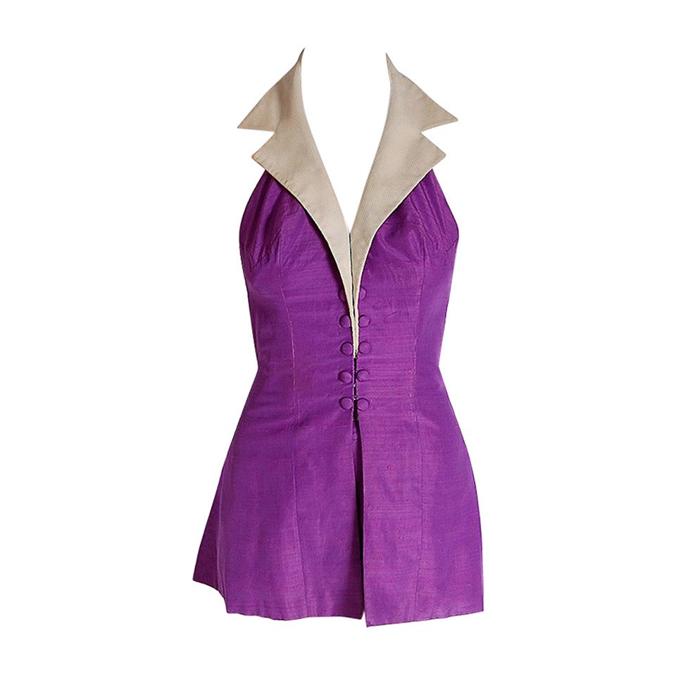 1940's Gloria DeHaven Worn Purple-Silk Halter Hourglass Playsuit Ensemble 1