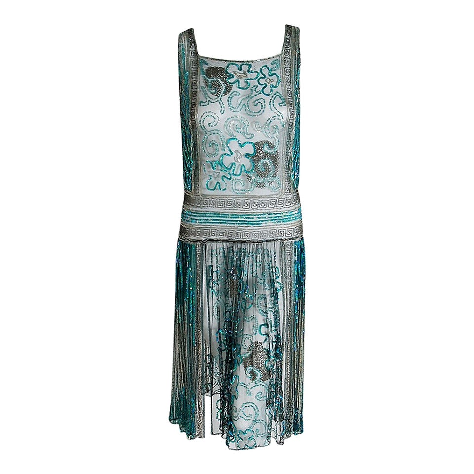 1920's Elegant Turquoise Beaded Sequin Grecian-Key Novelty Deco Flapper Dress