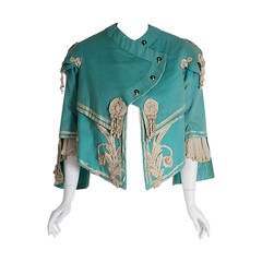 1890's Victorian Antique Tiffany-Blue Applique Wool Bell-Sleeve Cropped Jacket