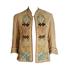 1870's Victorian Antique Embroidered & Applique Tan Wool Bell-Sleeve Jacket