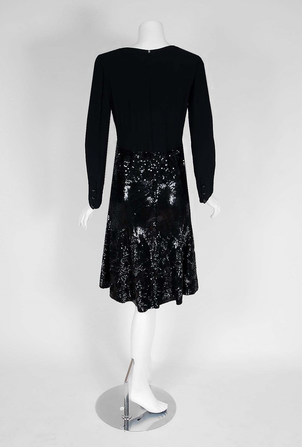 1970's Valentino Haute-Couture Black Sequin Silk Long-Sleeve Plunge Dress 1