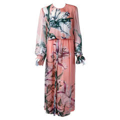 Vintage 1970's Hanae Mori Couture Pale-Pink Floral Print Silk-Chiffon Goddess Gown
